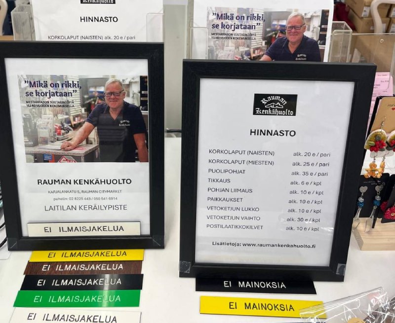 Rauman Kenkähuollon suutarin toimipiste Kauppahuone Laitilassa.